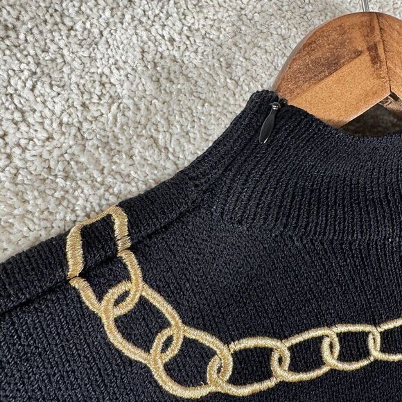 St John Santana Knit Sweater Black Key Chain Size‎ Small Mock Neck Shoulder Pads - Picture 11 of 13